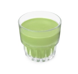 Glass of tasty matcha smoothie isolated on white