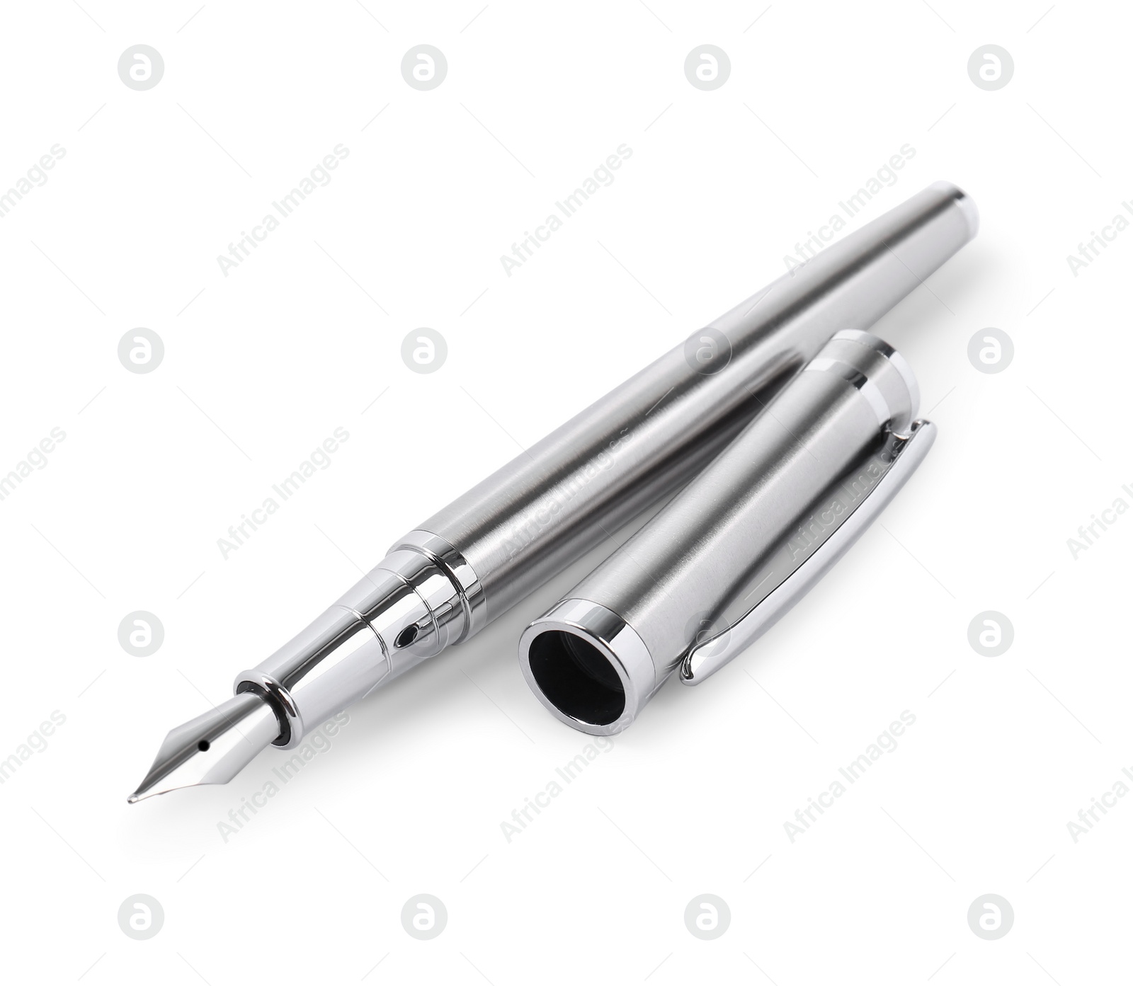 Photo of Stylish silver fountain pen isolated on white