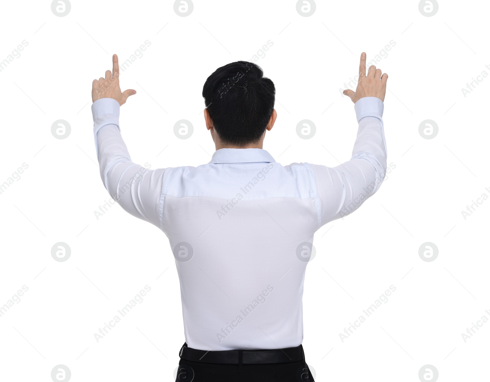 Photo of Businessman in formal clothes posing on white background, back view