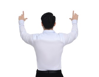 Businessman in formal clothes posing on white background, back view