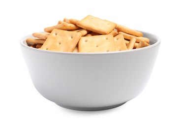 Tasty crackers in bowl isolated on white