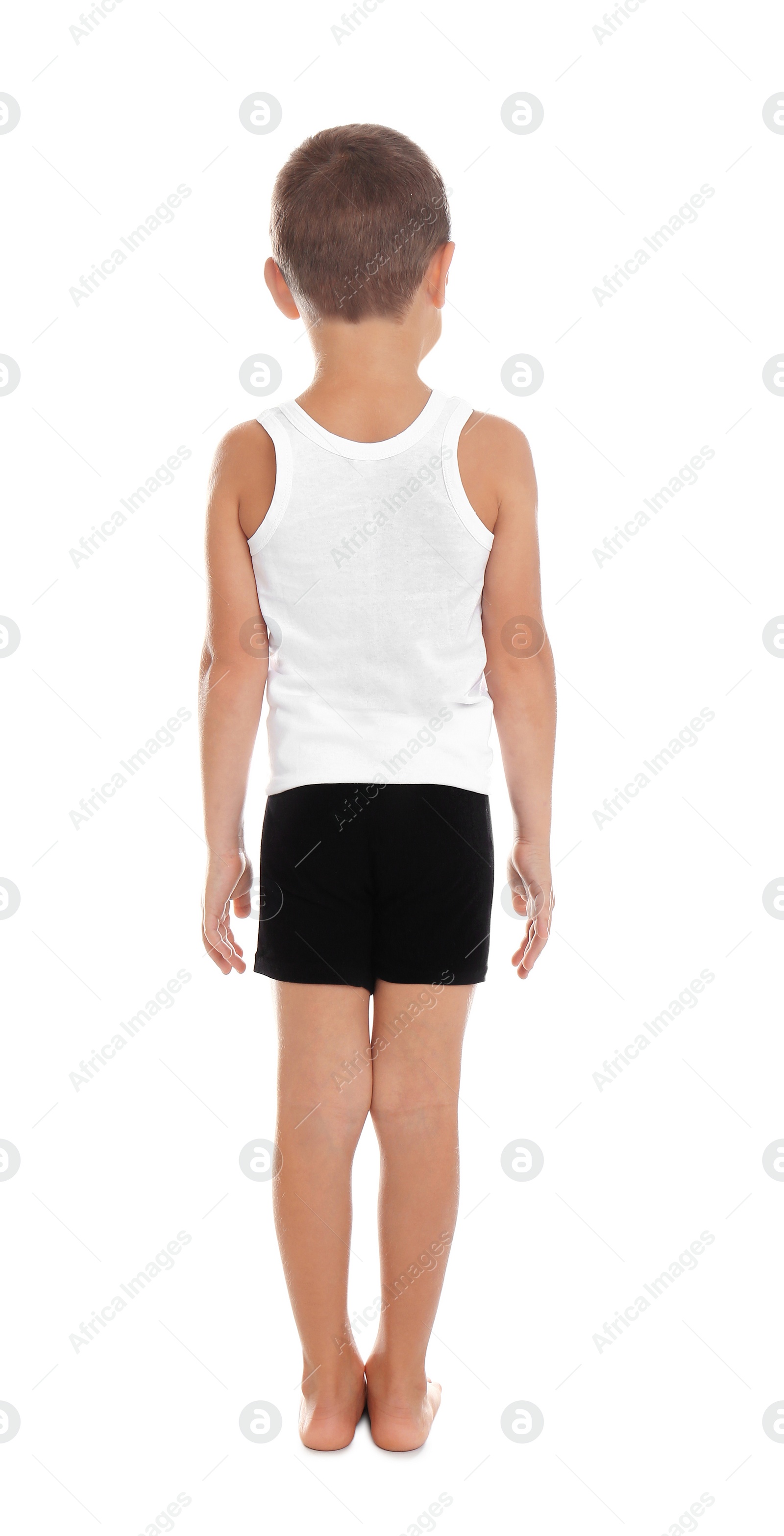 Photo of Little boy in underwear on white background, back view