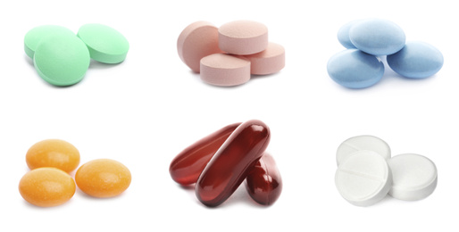 Image of Set with colorful pills on white background. Banner design