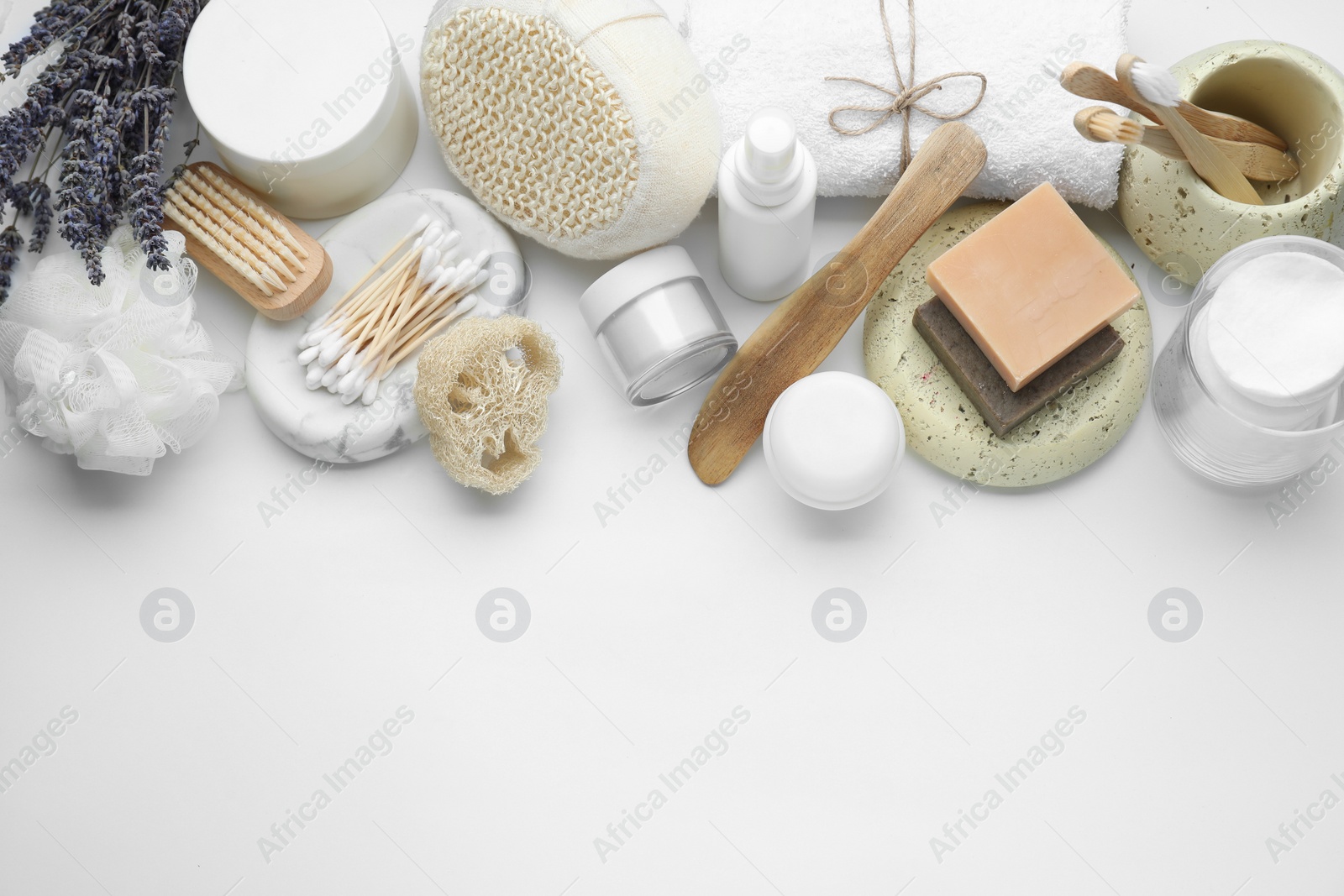 Photo of Bath accessories. Flat lay composition with personal care products on white background, space for text