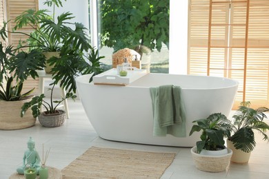 Stylish bathroom interior with modern tub and beautiful houseplants