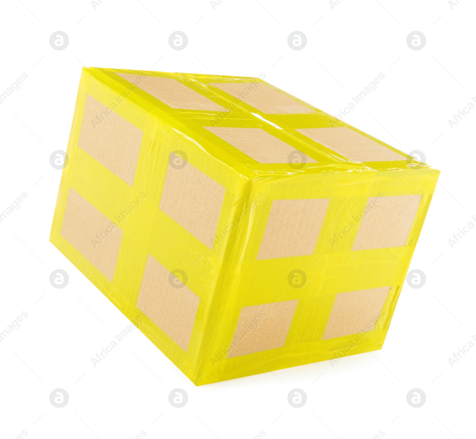 Photo of Cardboard parcel box with yellow sticky tape on white background