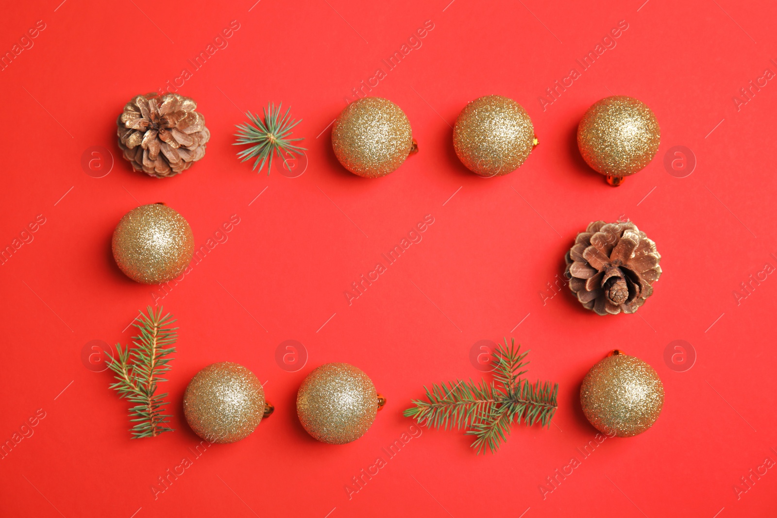 Photo of Flat lay Christmas composition with festive decor on color background