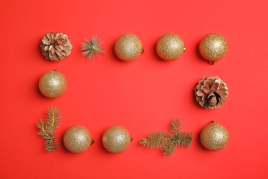 Photo of Flat lay Christmas composition with festive decor on color background