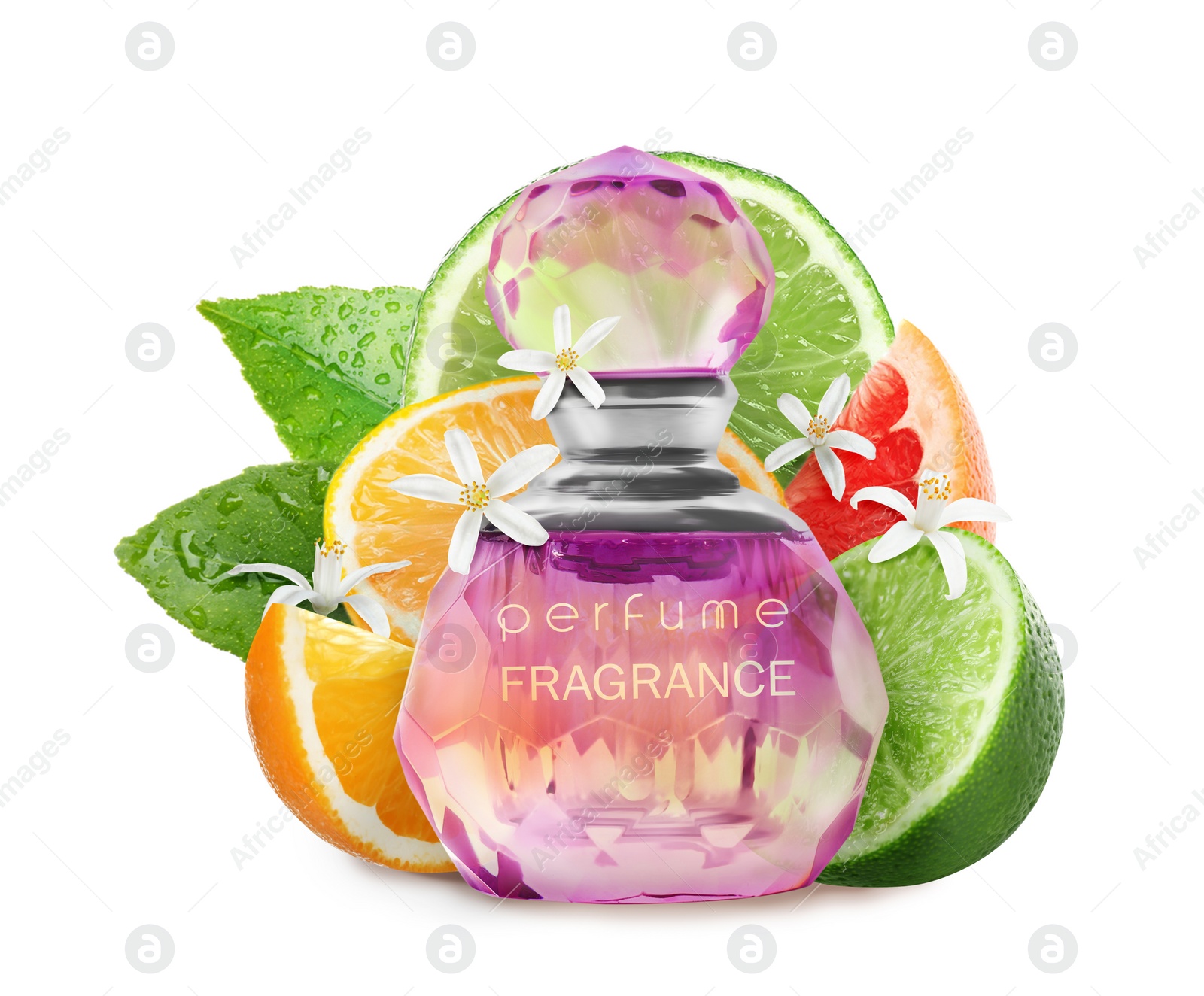 Image of Bottle of perfume with citrus scent on white background