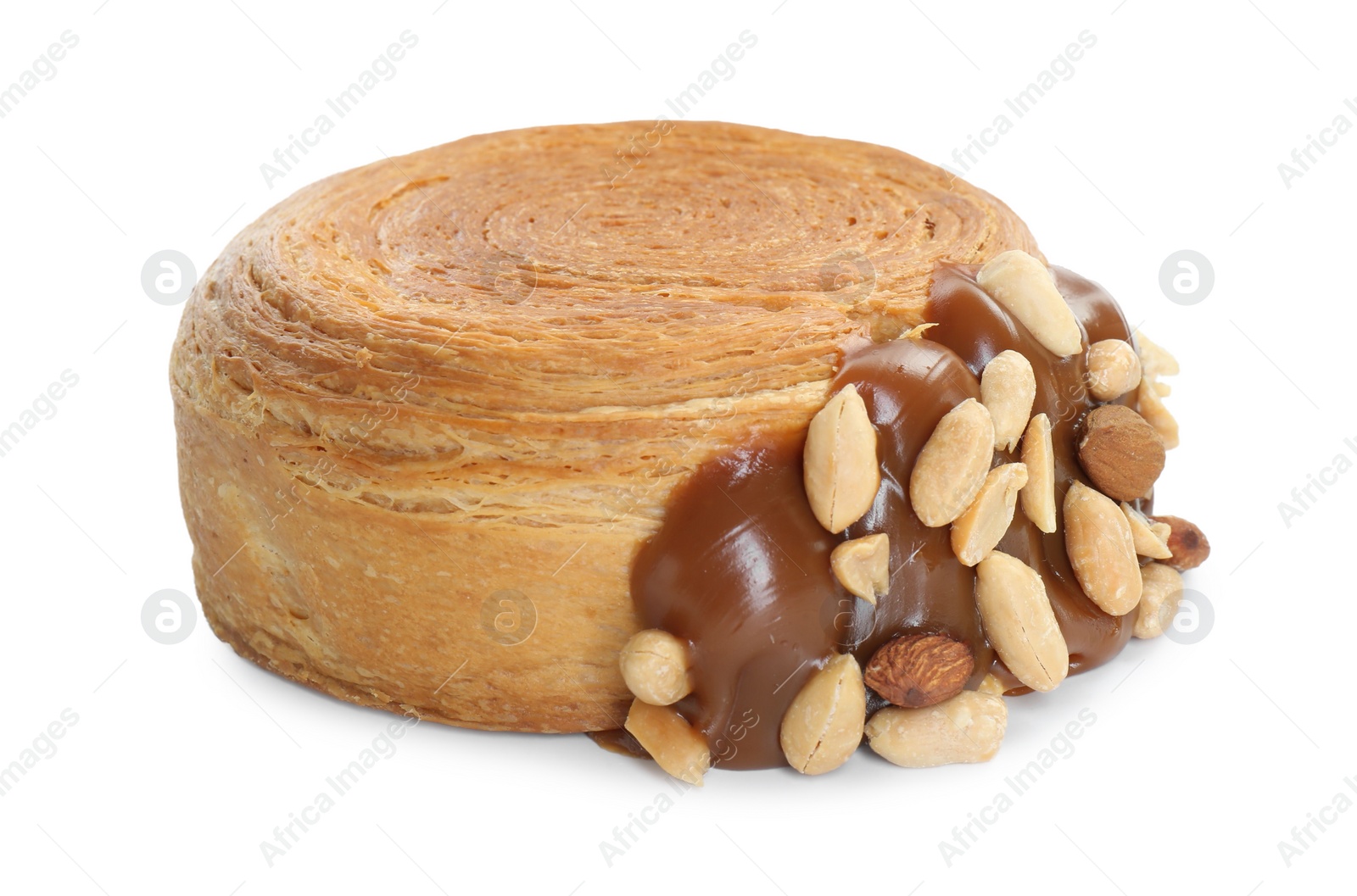 Photo of Round croissant with chocolate paste and nuts isolated on white. Tasty puff pastry