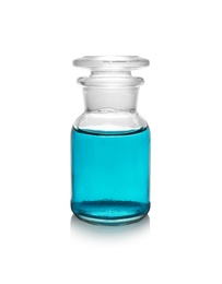 Photo of Glass reagent bottle with color liquid on white background. Solution chemistry