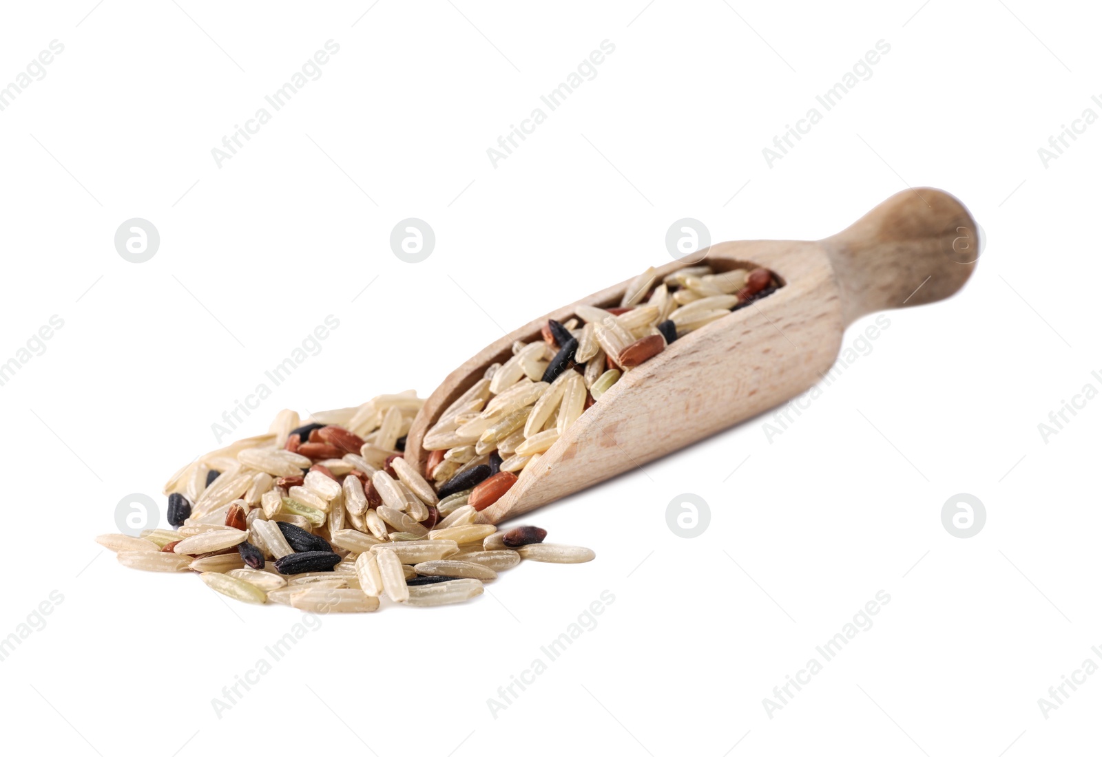 Photo of Mix of brown rice and scoop isolated on white