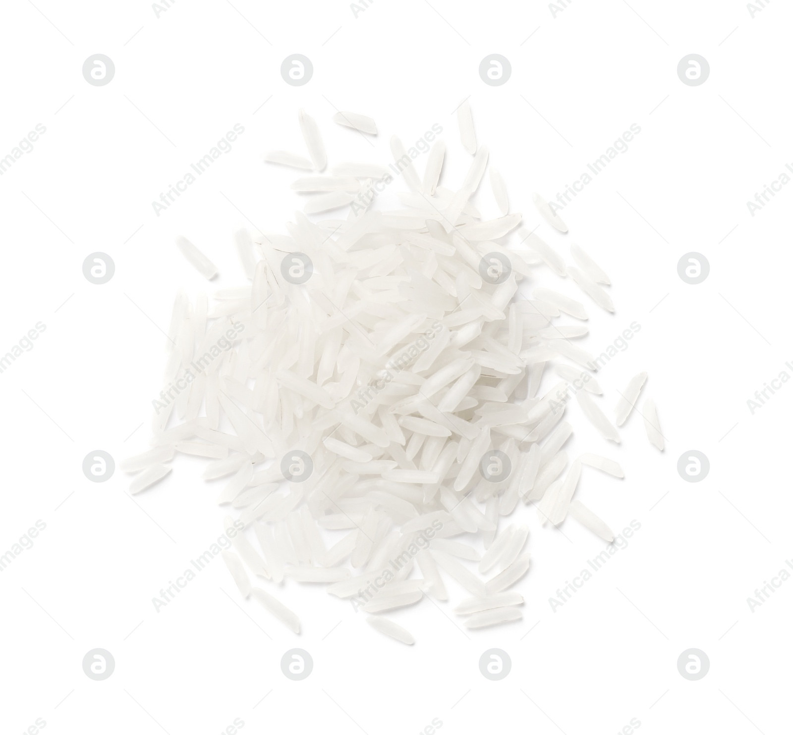 Photo of Pile of raw basmati rice isolated on white, top view