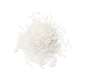 Photo of Pile of raw basmati rice isolated on white, top view