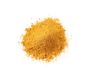 Photo of Pile of dry curry powder isolated on white, top view