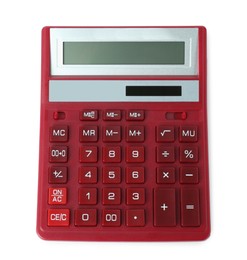 Red calculator on white background, top view