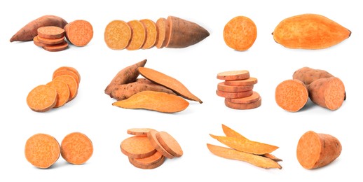 Image of Set with fresh sweet potatoes on white background. Banner design