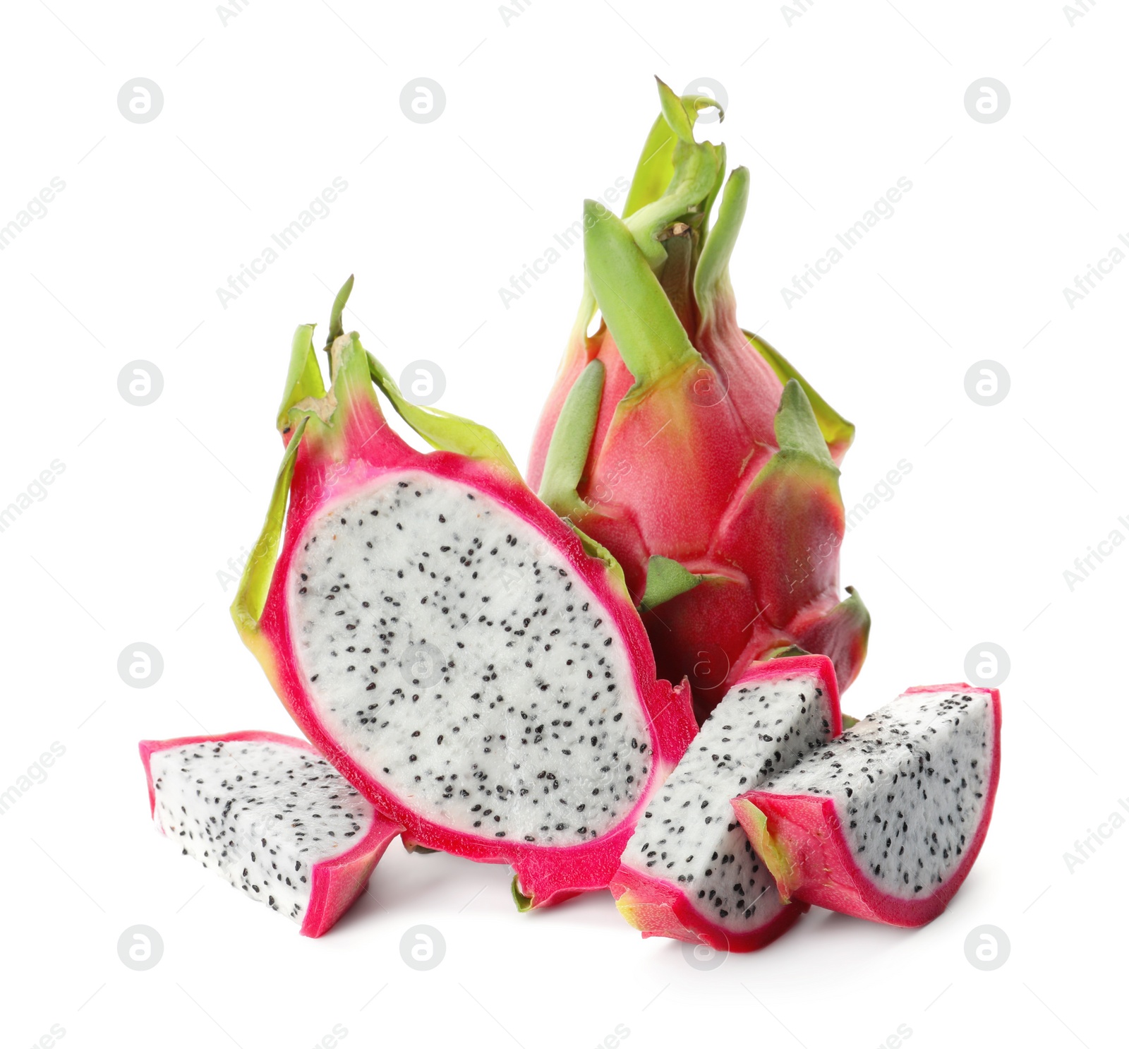 Photo of Delicious cut and whole pitahaya fruits on white background