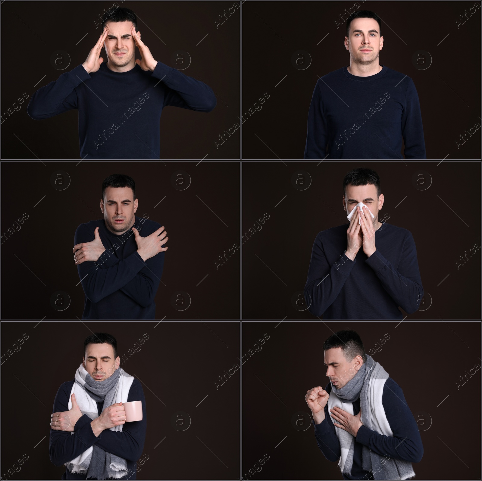 Image of Collage with photos of man with cold symptoms on brown background