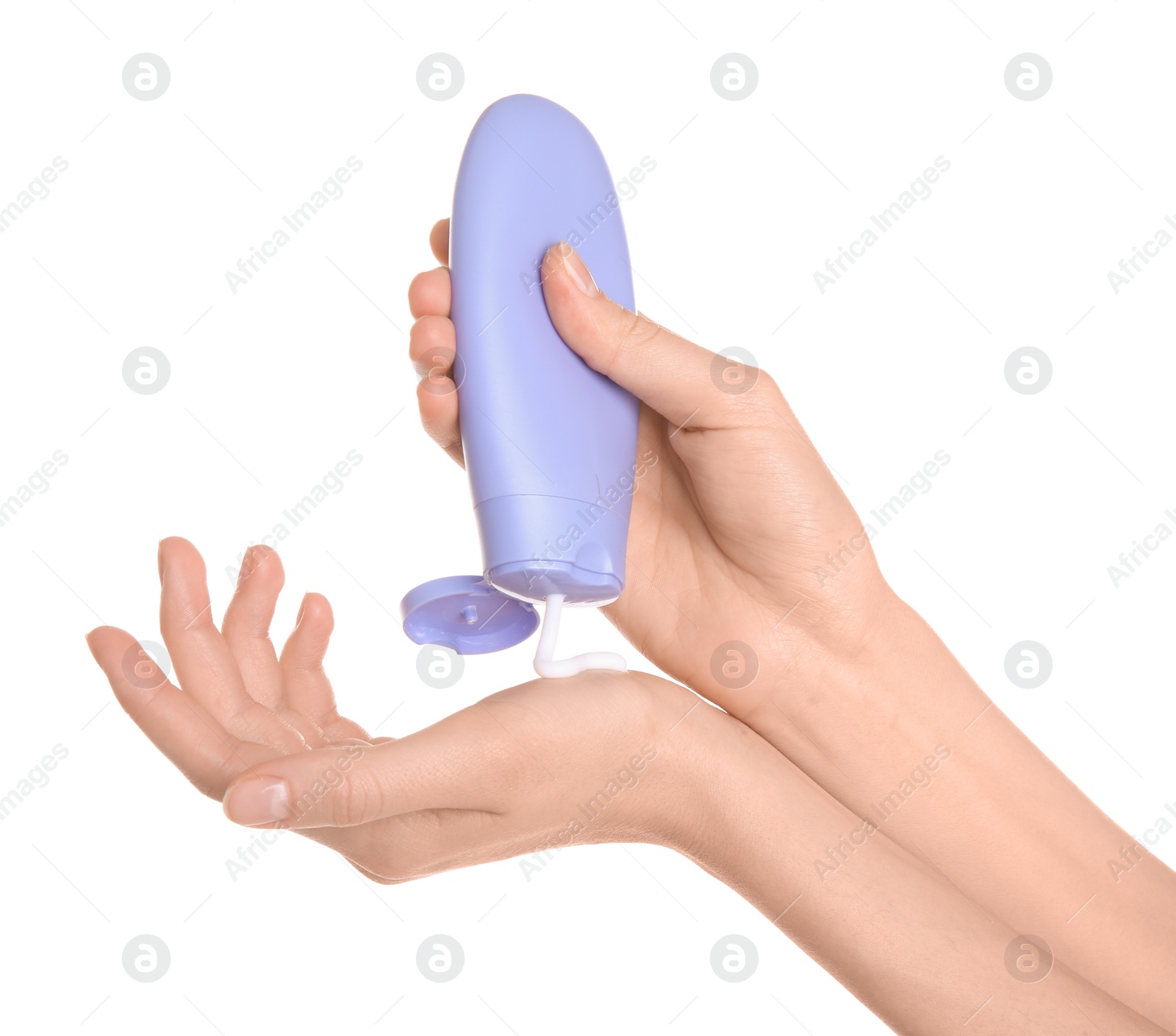 Photo of Young woman applying hand cream against on white background