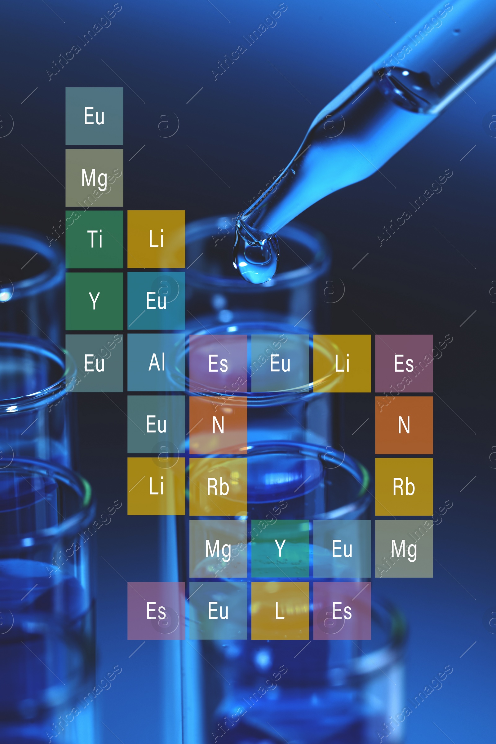 Image of Dripping reagent into test tube and chemical elements, double exposure