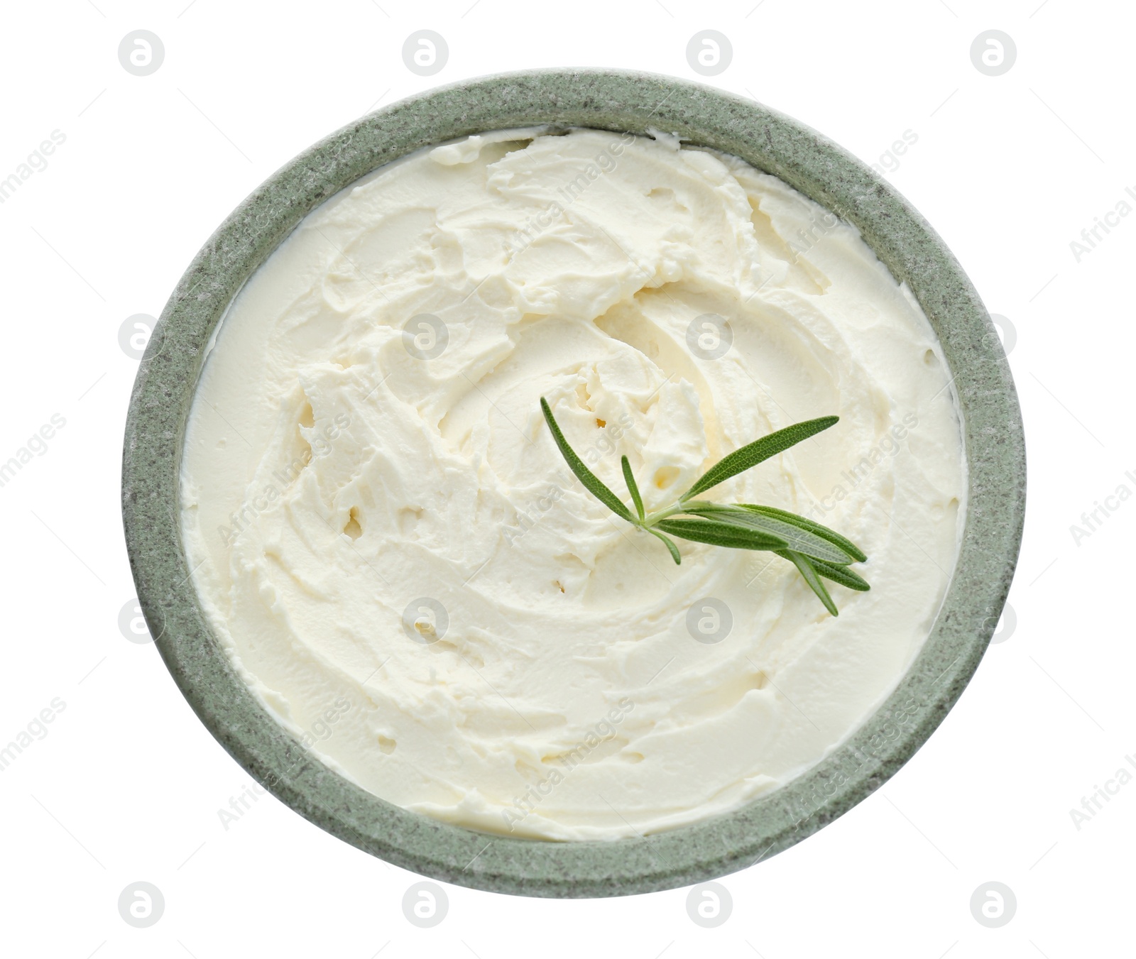 Photo of Delicious tofu cream cheese with rosemary in bowl isolated on white, top view