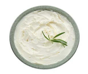 Photo of Delicious tofu cream cheese with rosemary in bowl isolated on white, top view