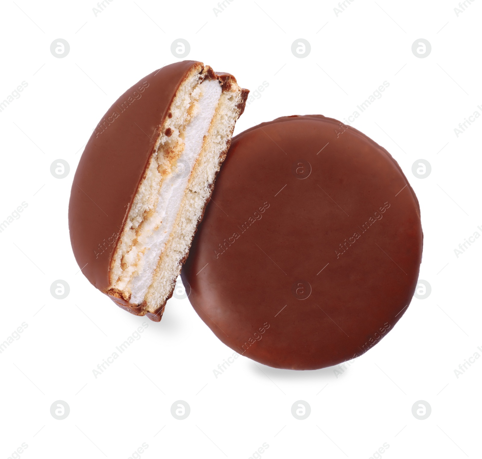 Photo of Delicious choco pies on white background, top view