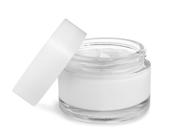 Photo of Jar of organic cream and cap isolated on white