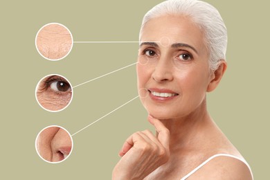 Image of Beautiful mature woman on color background. Zoomed skin areas showing wrinkles before rejuvenation procedures