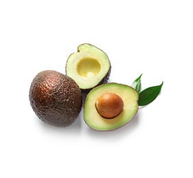 Composition with ripe fresh avocados on white background