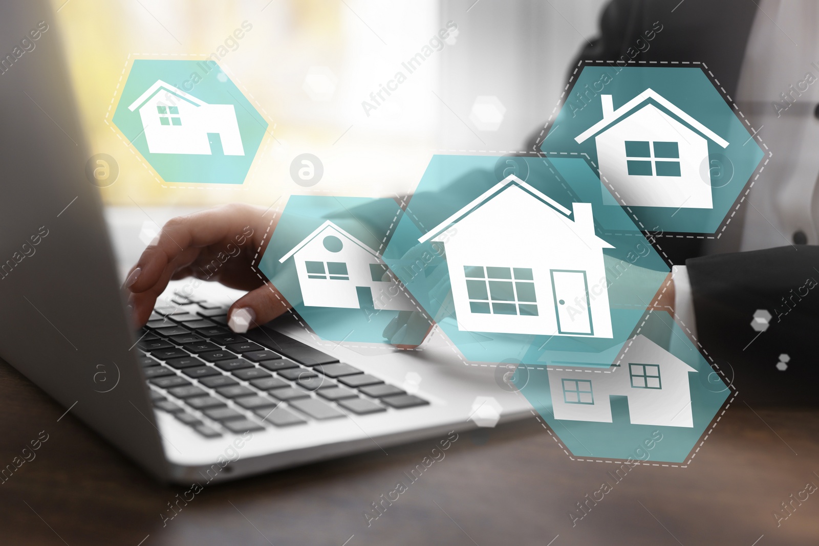 Image of House search. Woman choosing home via laptop at table, closeup. Illustrations of different buildings as real estate variations