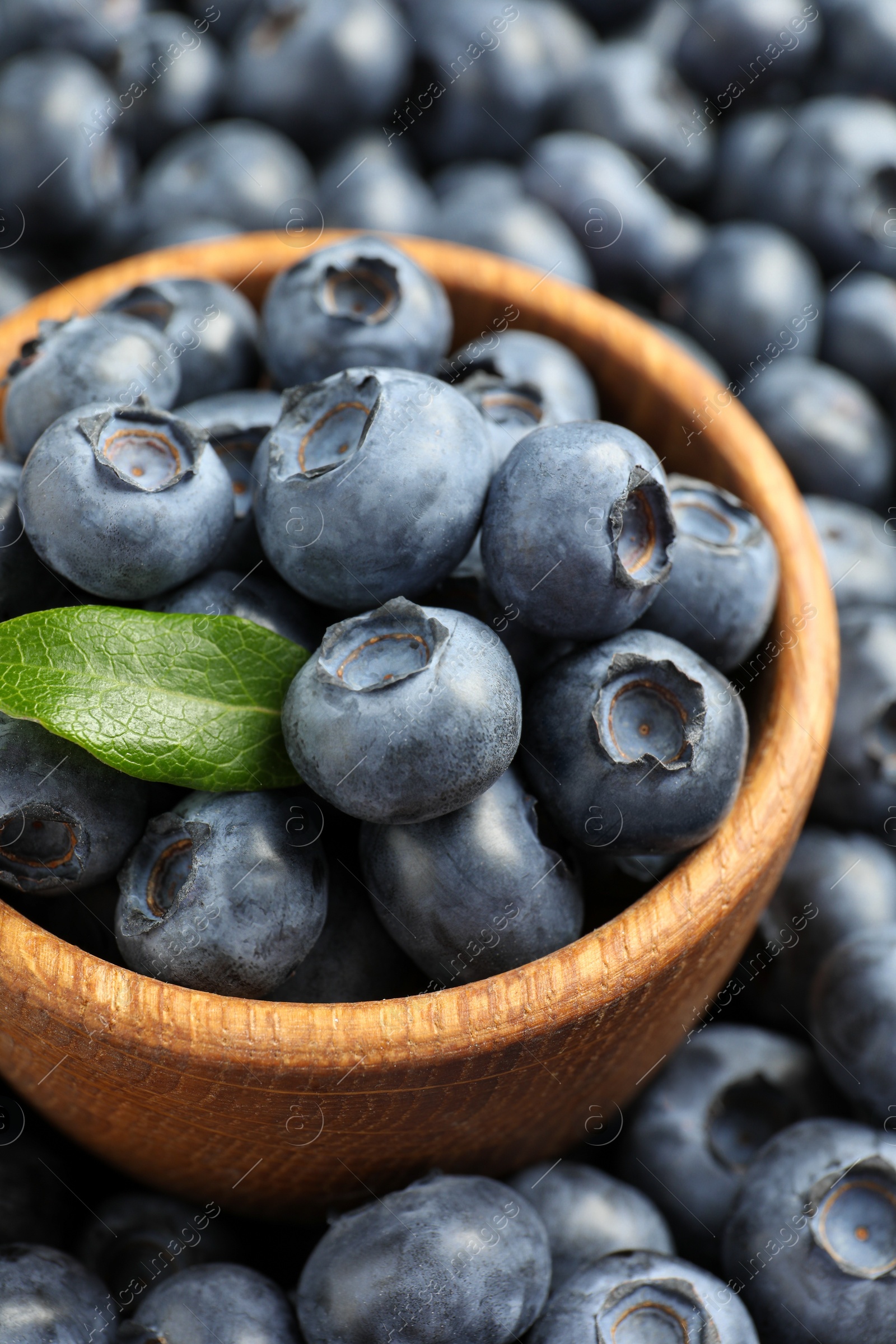 Photo of Tasty fresh blueberries and bowl, closeup view