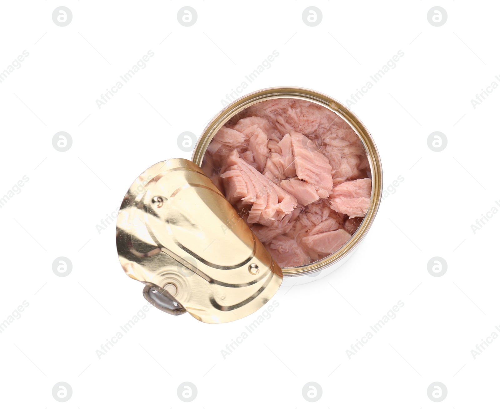 Photo of Tin can with canned tuna isolated on white, top view