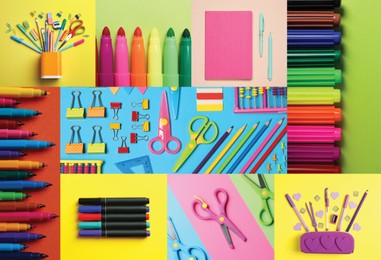 Image of Collage with photos of various school stationery on different color backgrounds, top view