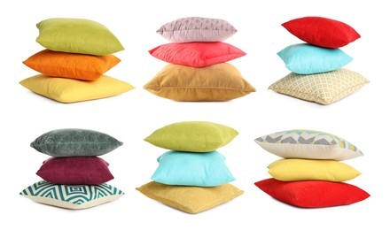 Set with different stylish decorative pillows on white background