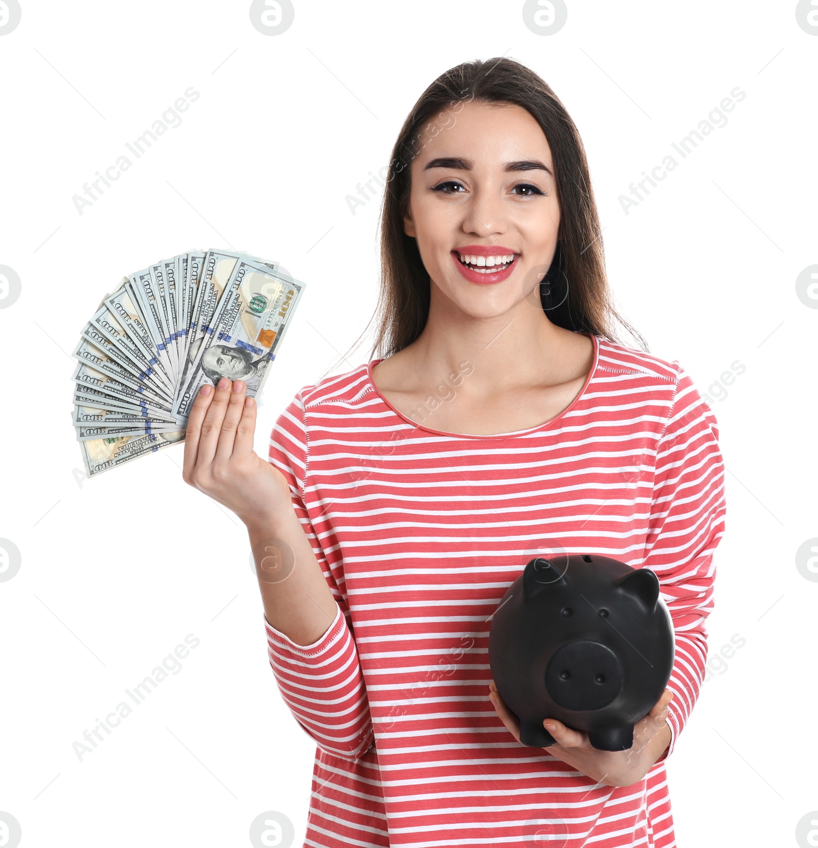 Photo of Portrait of happy young woman with money and piggy bank on white background