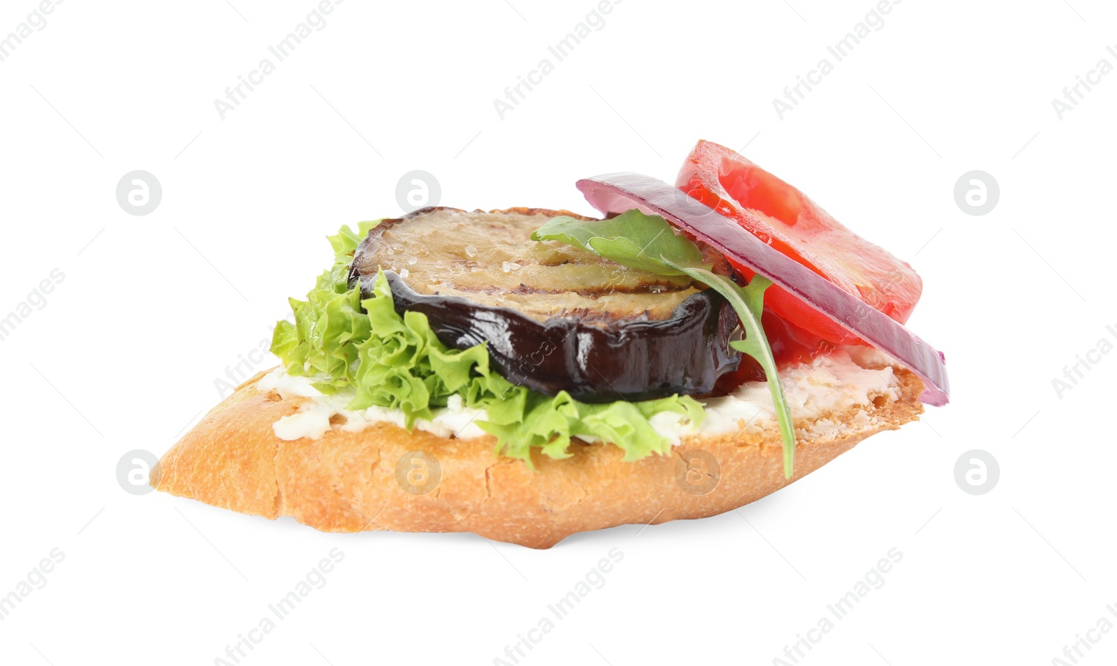 Photo of Delicious fresh eggplant sandwich isolated on white