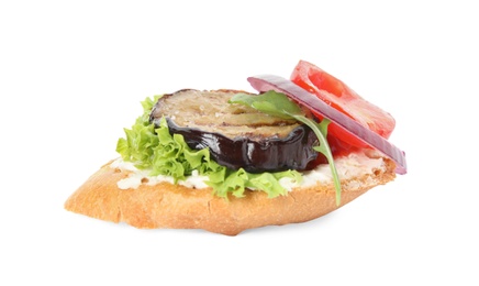 Photo of Delicious fresh eggplant sandwich isolated on white