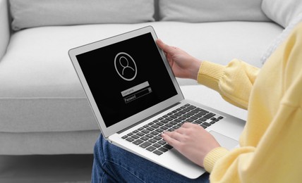 Photo of Woman unlocking laptop with blocked screen indoors, closeup