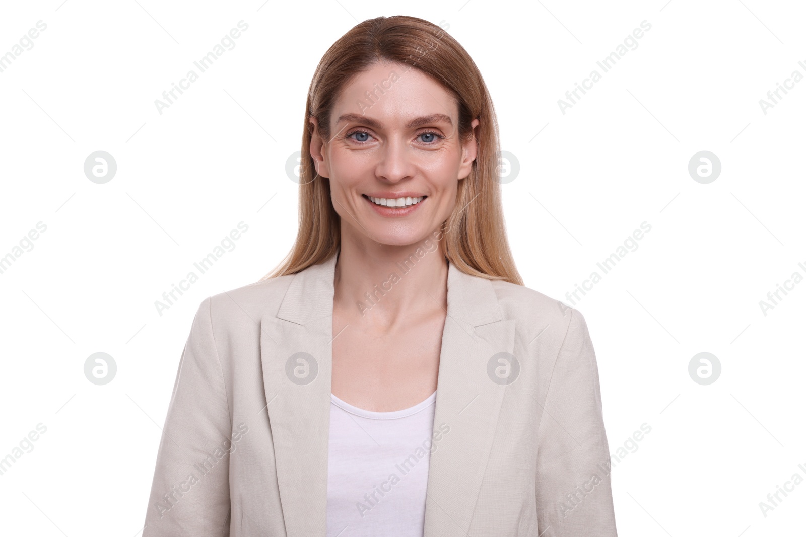 Photo of Portrait of beautiful happy businesswoman on white background