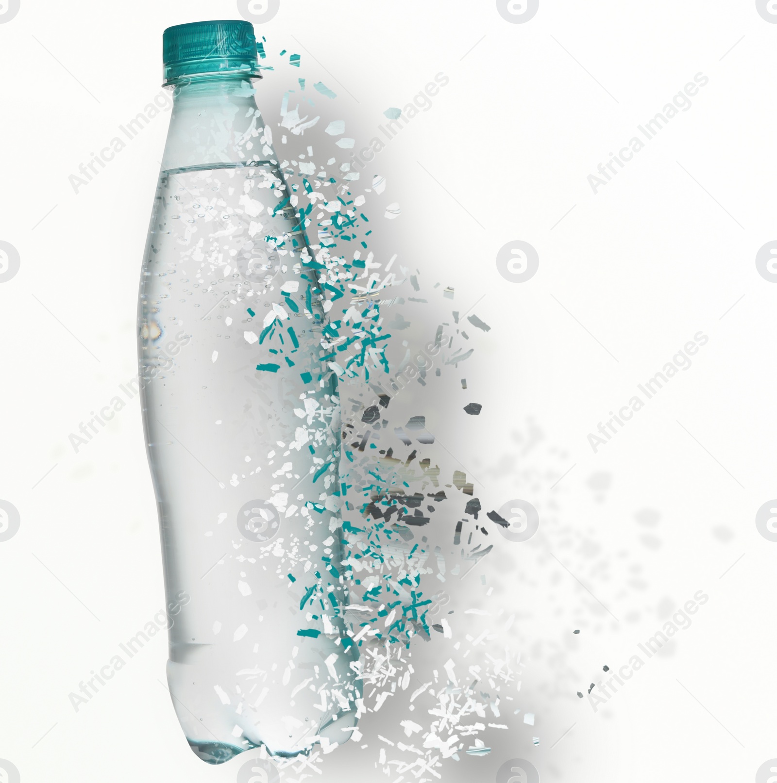 Image of Bottle of water vanishing on white background. Decomposition of plastic pollution