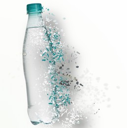 Bottle of water vanishing on white background. Decomposition of plastic pollution
