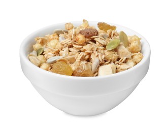 Photo of Granola in bowl on white background. Healthy snack