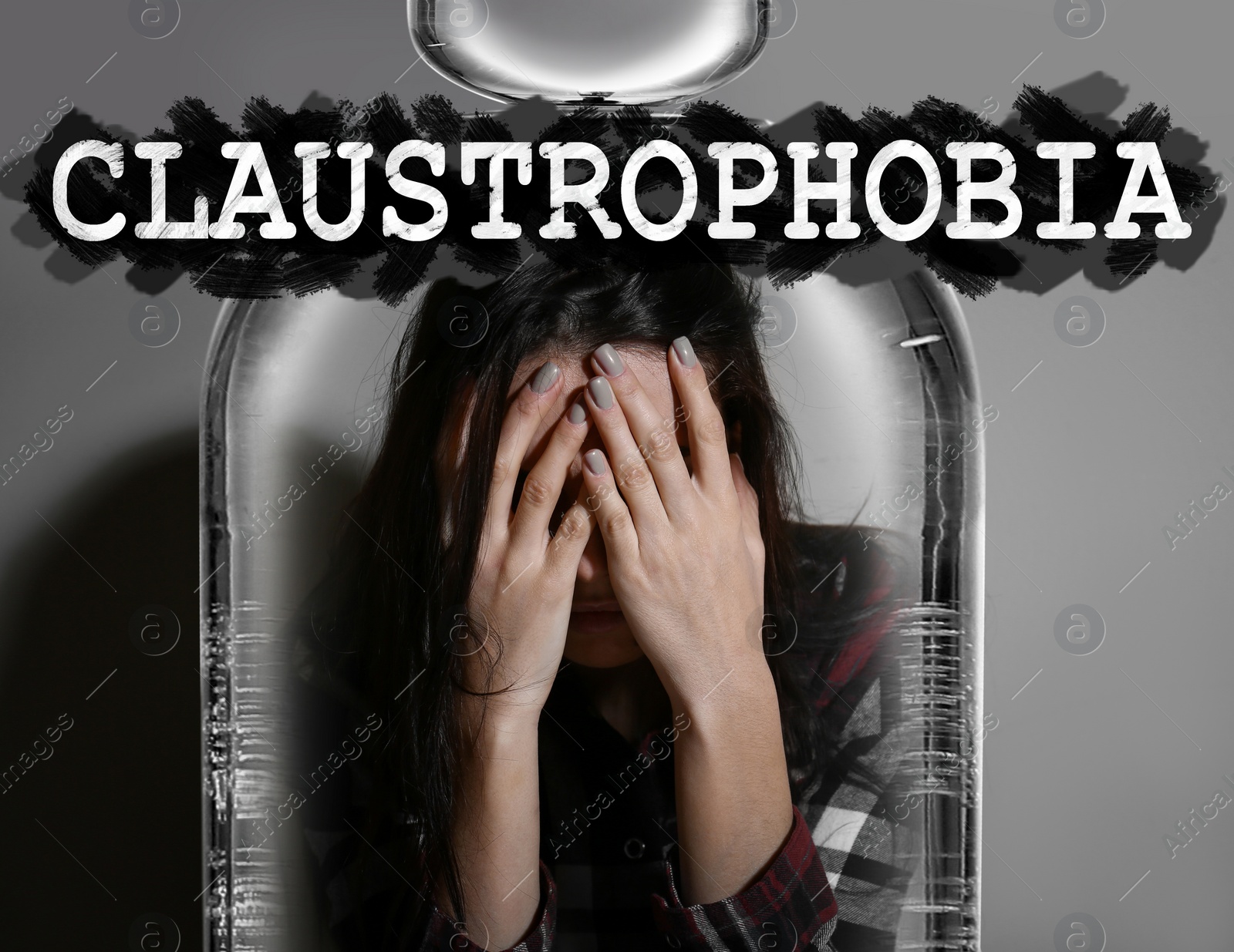 Image of Claustrophobia. Stressed woman feeling in closed space and crying