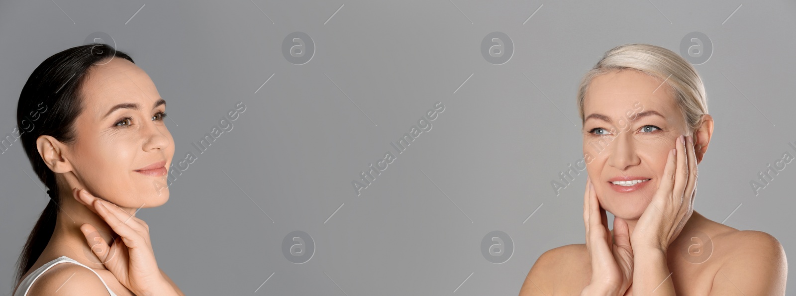 Image of Beautiful mature women on grey background, space for text. Banner design