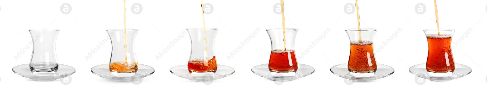 Image of Set with glasses of traditional Turkish tea on white background. Banner design