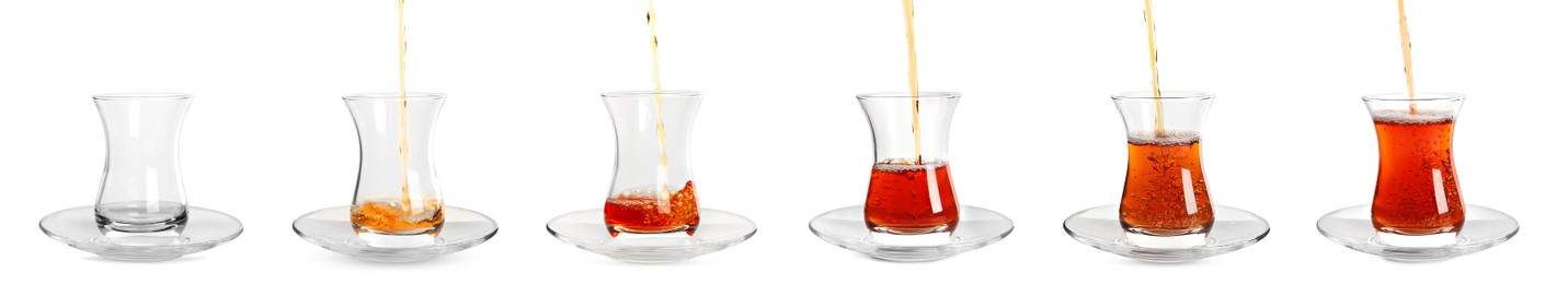 Set with glasses of traditional Turkish tea on white background. Banner design