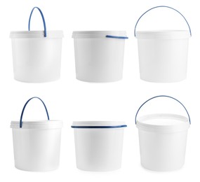 Image of Plastic buckets with lids isolated on white, set