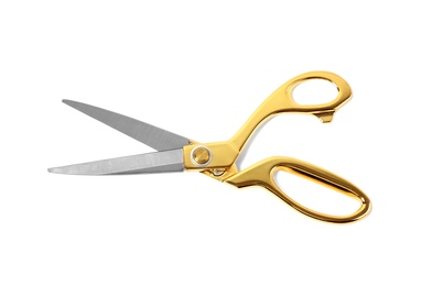 Photo of New sharp gold scissors on white background, top view